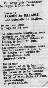 Annonce de décès de Gabrielle de Baglion de La Dufferie - Le Figaro - 30 mai 1989. Annonce de décès de Gabrielle de Baglion de La Dufferie - Le Figaro - 30 mai 1989.