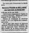 Annonce de décès de Gabrielle de Baglion de La Dufferie - La Nouvelle République - Tours (37) - 30 mai 1989. Annonce de décès de Gabrielle de Baglion de La Dufferie - La Nouvelle République - Tours (37) - 30 mai 1989.