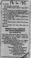 Annonce de décès de Yvonne Chicoyneau de La Valette - La Nouvelle République - Tours (37) - 18 avril 1985. Annonce de décès de Yvonne Chicoyneau de La Valette - La Nouvelle République - Tours (37) - 18 avril 1985.