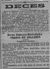 Annonce de décès de Ambroise Marie André Fradin de Bellabre - Extrait d'un quotidien de Lyon (69) - 15 juin 1916. Annonce de décès de Ambroise Marie André Fradin de Bellabre - Extrait d'un quotidien de Lyon (69) - 15 juin 1916.
