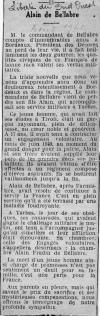 Annonce de décès de Alain Jean Marie Fradin de Bellabre - La Liberté du Sud-Ouest - 8 août 1941. Annonce de décès de Alain Jean Marie Fradin de Bellabre - La Liberté du Sud-Ouest - 8 août 1941.