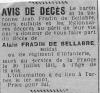 Annonce de décès de Alain Jean Marie Fradin de Bellabre - origine inconnue - août 1941. Annonce de décès de Alain Jean Marie Fradin de Bellabre - origine inconnue - août 1941.