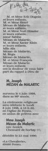 Annonce de décès de Joseph Mézan de Malartic Le Figaro - 6 juin 1998. Annonce de décès de Joseph Mézan de Malartic Le Figaro - 6 juin 1998.