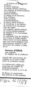 Annonce de décès d'Isabelle Fernande Marie de Baglion de La Dufferie - Le Figaro - 16 mars 1998. Annonce de décès d'Isabelle Fernande Marie de Baglion de La Dufferie - Le Figaro - 16 mars 1998.