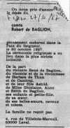 Annonce de décès de Robert de Baglion de La Dufferie - Le Figaro - 27 octobre 1987. Annonce de décès de Robert de Baglion de La Dufferie - Le Figaro - 27 octobre 1987.