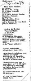 Annonce de décès de Yann Marie Tugdual Bahezre de Lanlay - Le Figaro du 24 juin 1991. Annonce de décès de Yann Marie Tugdual Bahezre de Lanlay - Le Figaro du 24 juin 1991.