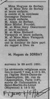 Annonce de décès de Hugues Chesnard de Sorbay - Le Figaro du 4 mai 1991. Annonce de décès de Hugues Chesnard de Sorbay - Le Figaro du 4 mai 1991.