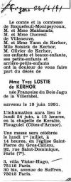 Annonce de décès de Françoise du Bois-Jagu de La Villerabel - Le Figaro du 22 juin 1991. Annonce de décès de Françoise du Bois-Jagu de La Villerabel - Le Figaro du 22 juin 1991.