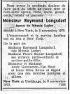 Annonce de décès de Raymond Langsdorff - presse inconnue - novembre 1975. Annonce de décès de Raymond Langsdorff - presse inconnue - novembre 1975.