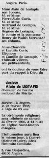 Annonce de décès d'Alain de Lestapis - Le Figaro du 25 février 1995. Annonce de décès d'Alain de Lestapis - Le Figaro du 25 février 1995.