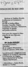 Annonce de décès d'André Boudy - Le Figaro - 25 mai 2002. Annonce de décès d'André Boudy - Le Figaro - 25 mai 2002.